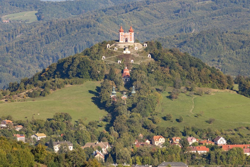Scenic view of the Banská Štiavnica Calvary on its hilltop