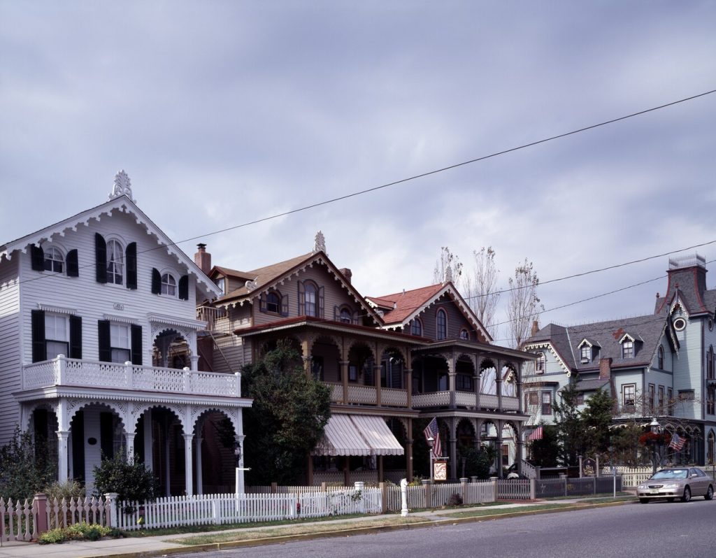 Cape May New Jersey Victorian cottages with porches and gingerbread trim