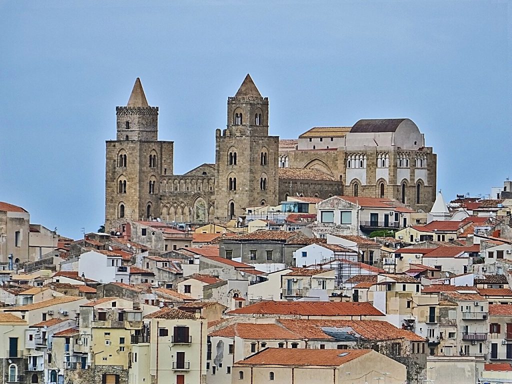 The twin towers of the Norman cathedral rising above the rooftops