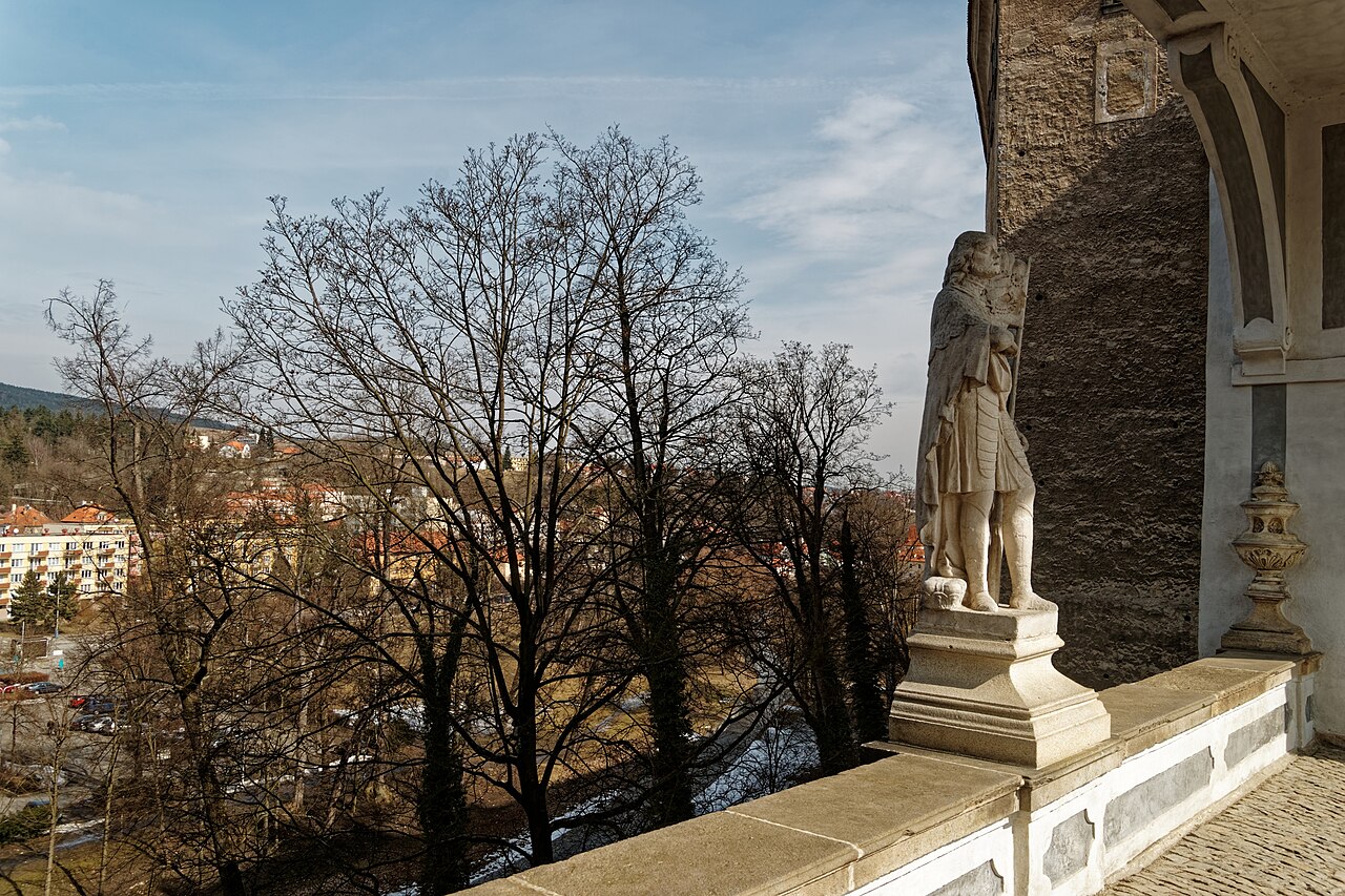 The multi-level arched Cloak Bridge connecting parts of Český Krumlov Castle