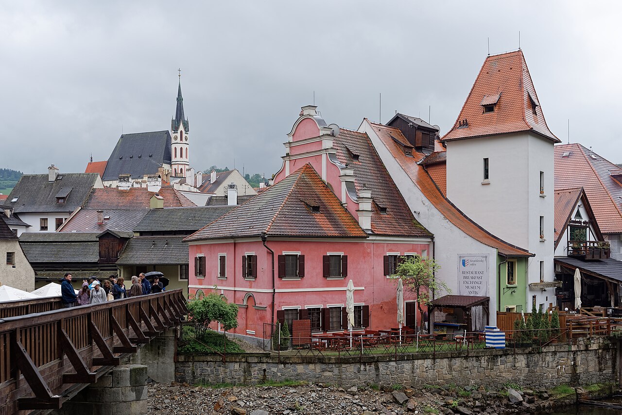 Old town houses in Český Krumlov seen from the Jelení lávka footbridge area