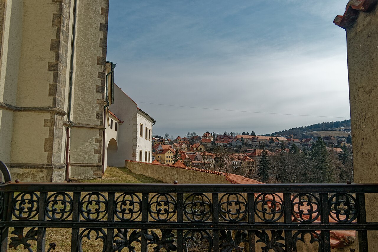View east over Český Krumlov rooftops from near St. Vitus Church