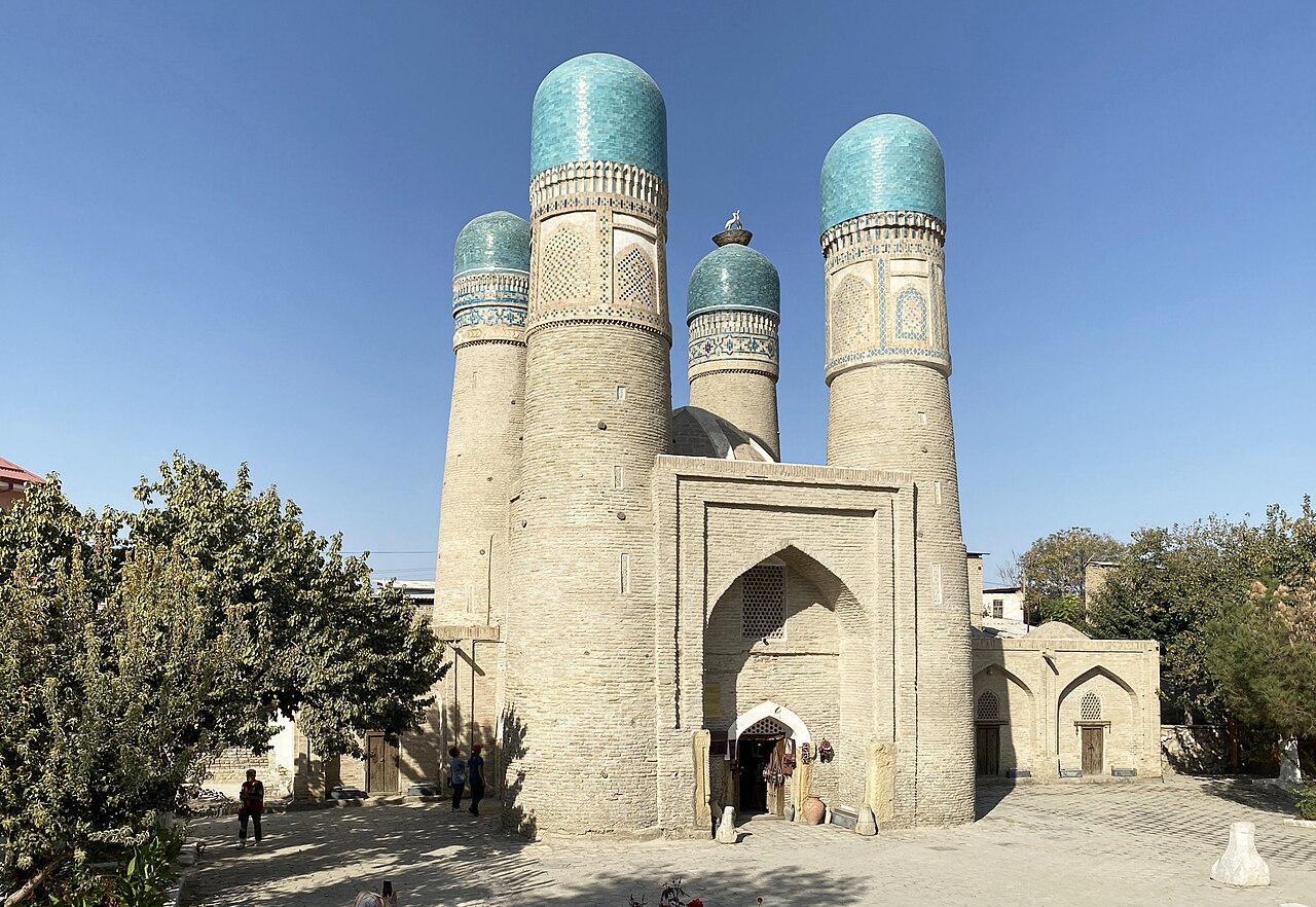 Four turquoise-domed towers of Chor Minor in Bukhara Uzbekistan