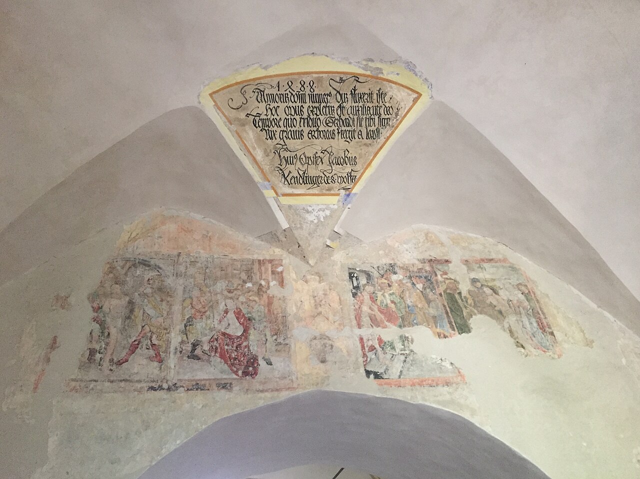 Old frescoes and inscription inside the Church on the Hill