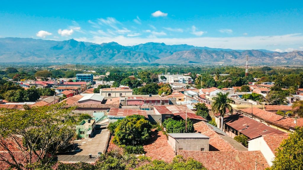 Aerial view of Comayagua Honduras with red roofs and mountains