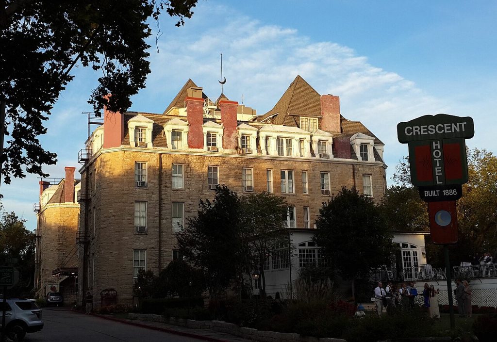 The Crescent Hotel, a stone Victorian hotel on a wooded hilltop
