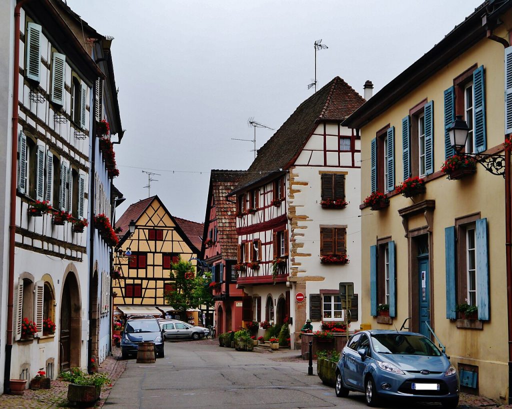 Timber-framed houses in the old town of an Alsace wine village
