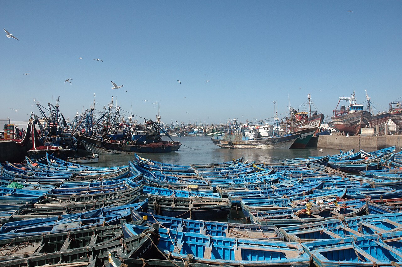 Blue wooden fishing boats in the port of Essaouira