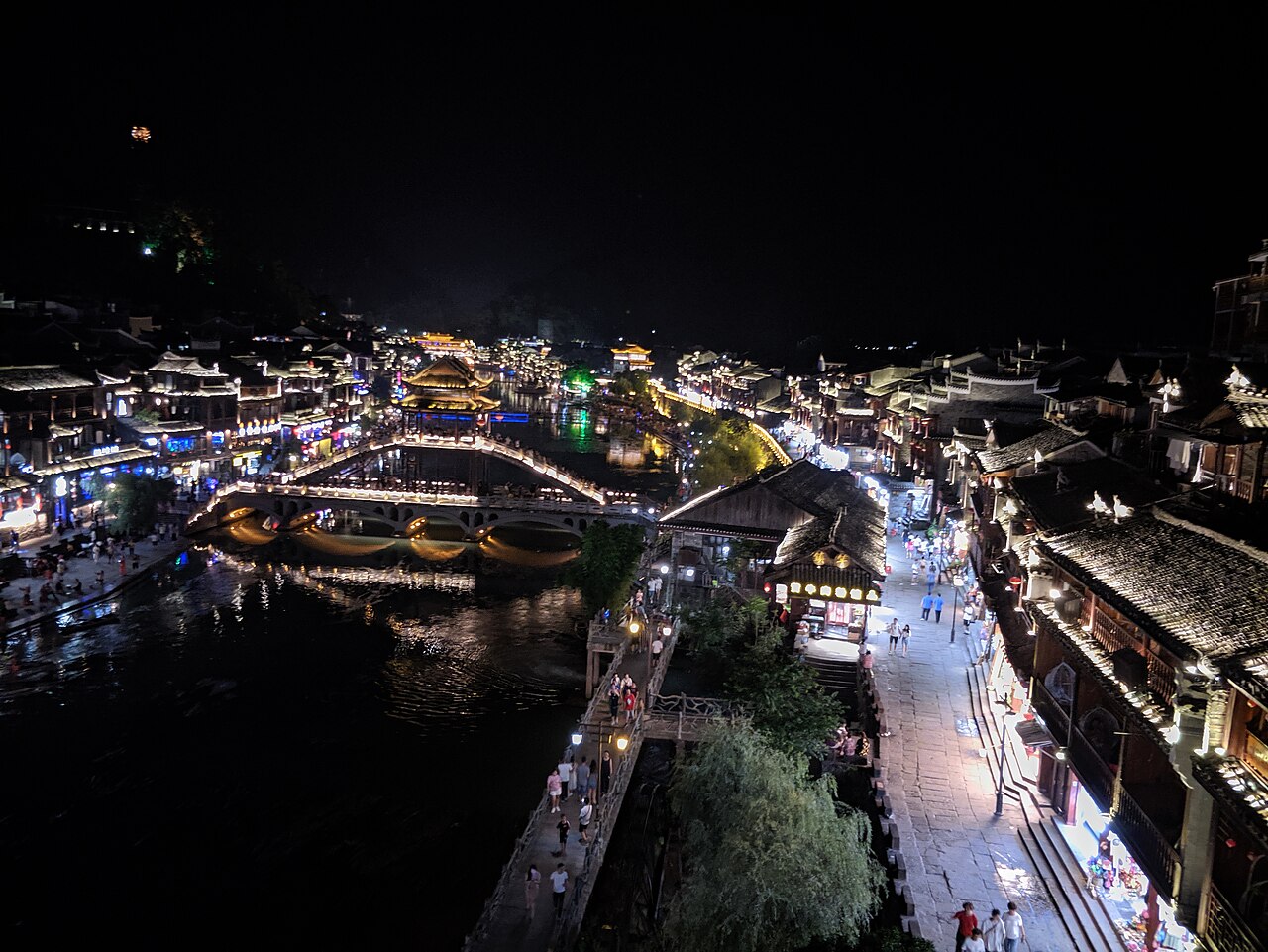 Fenghuang China old town lit up at night