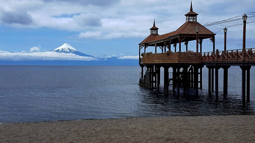 Frutillar Chile pier on Lake Llanquihue with Osorno Volcano behind