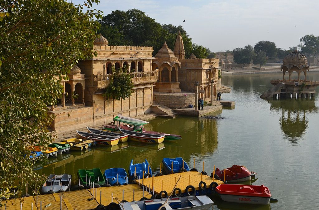 Gadisar Lake in Jaisalmer with sandstone pavilions on the water