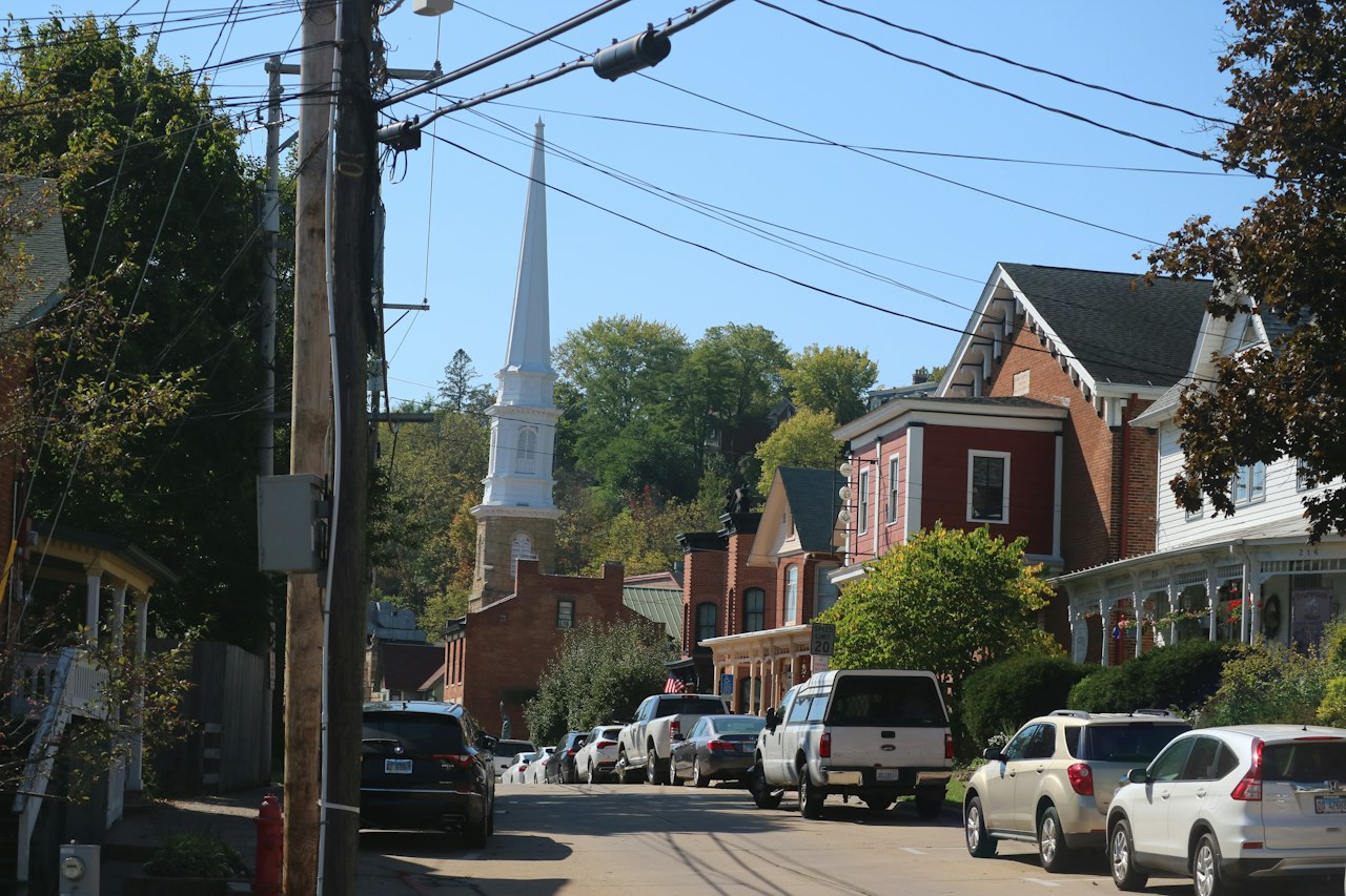 Galena Illinois street with a church steeple behind