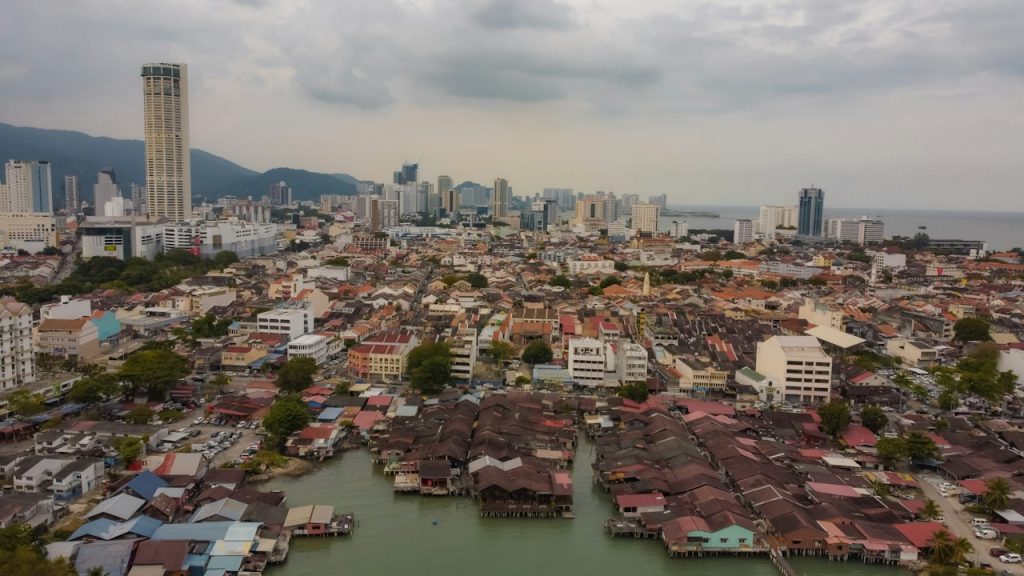 Aerial view of the clan jetties and rooftops of George Town Penang