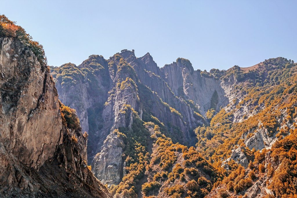 Rocky canyon walls with autumn colors in the Greater Caucasus