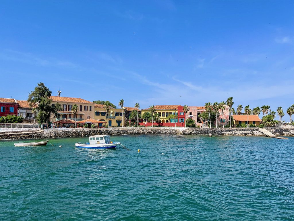 Gorée Island Senegal waterfront lined with colorful colonial houses
