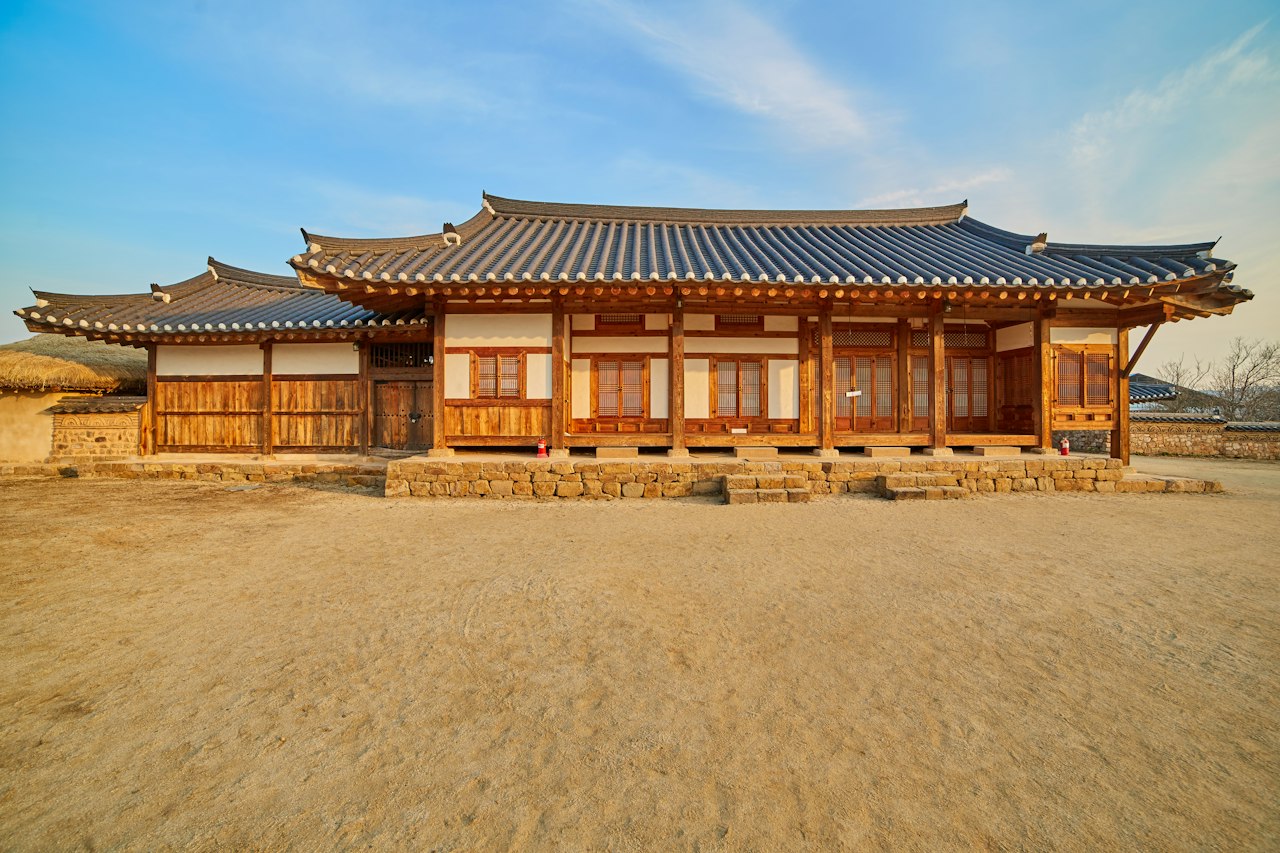 Traditional Korean wooden house with a tiled roof