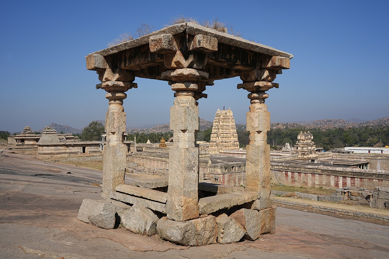 Virupaksha Temple tower seen from Hemakuta Hill in Hampi India