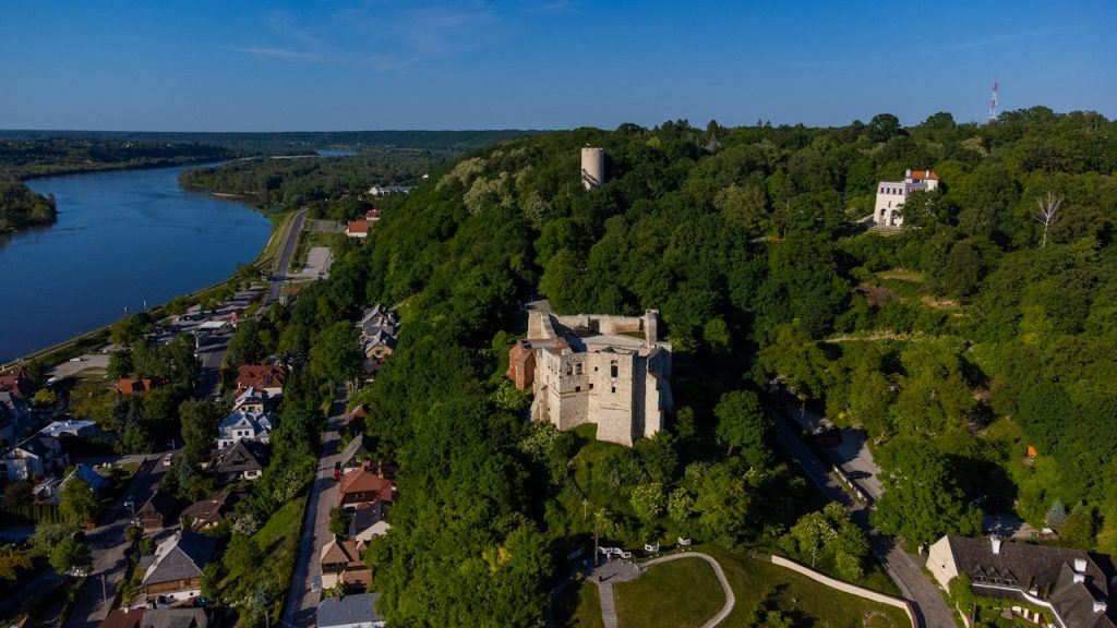 Aerial view of the castle ruins surrounded by trees