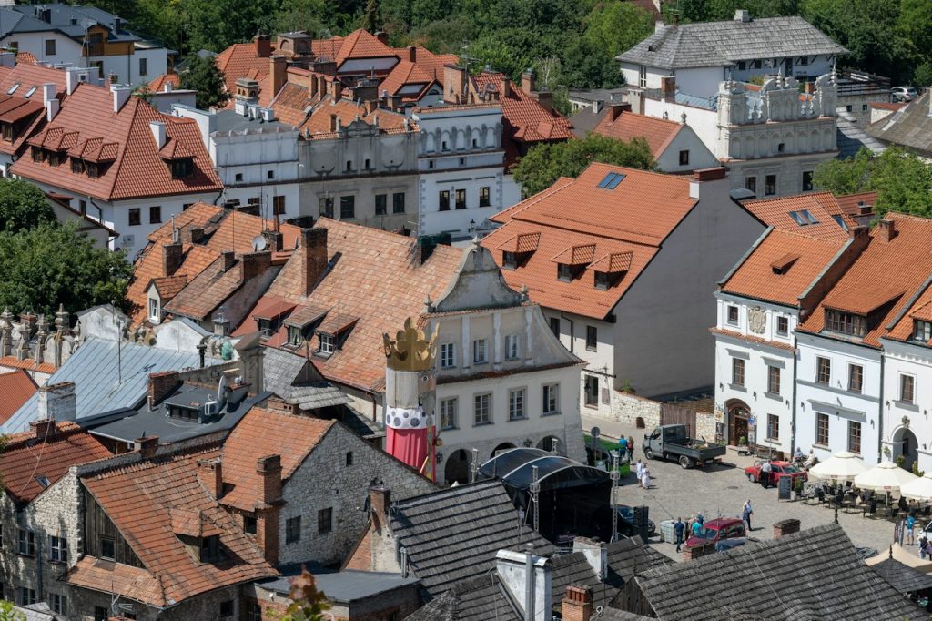 Aerial view of the red rooftops and Market Square of Kazimierz Dolny