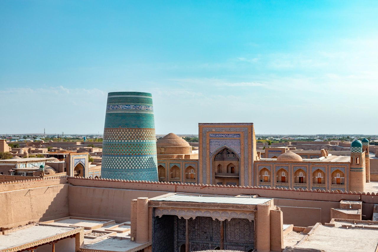 Rooftop view over mud brick buildings and towers
