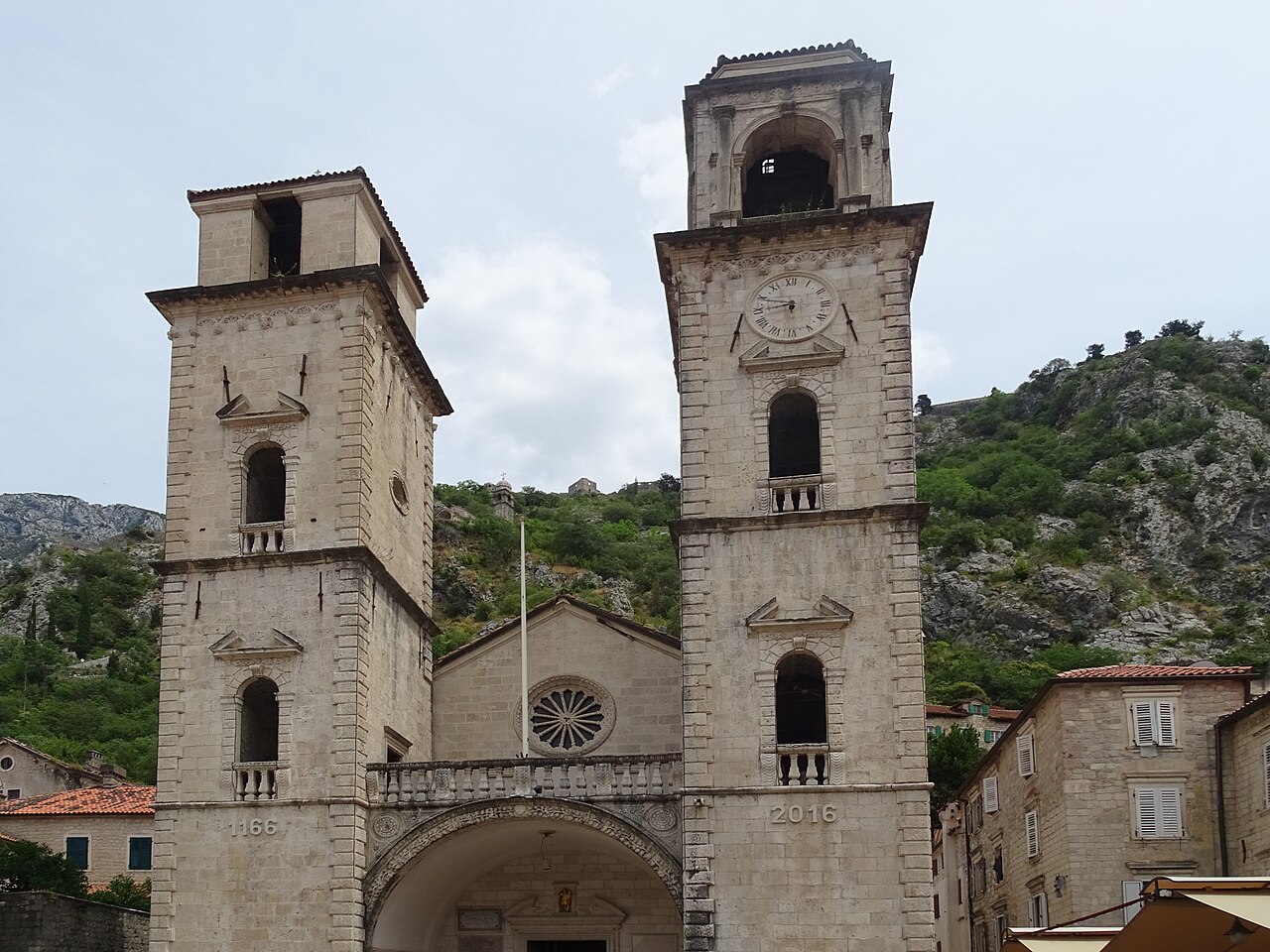 Romanesque facade and twin bell towers of the Cathedral of Saint Tryphon in Kotor