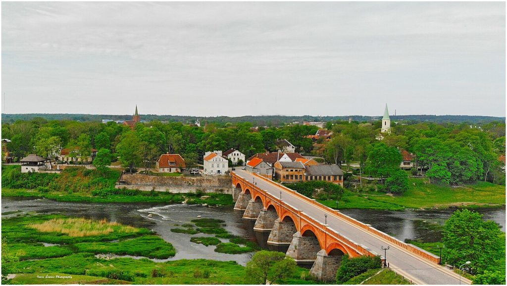 Kuldīga Latvia old town and brick bridge over the Venta River