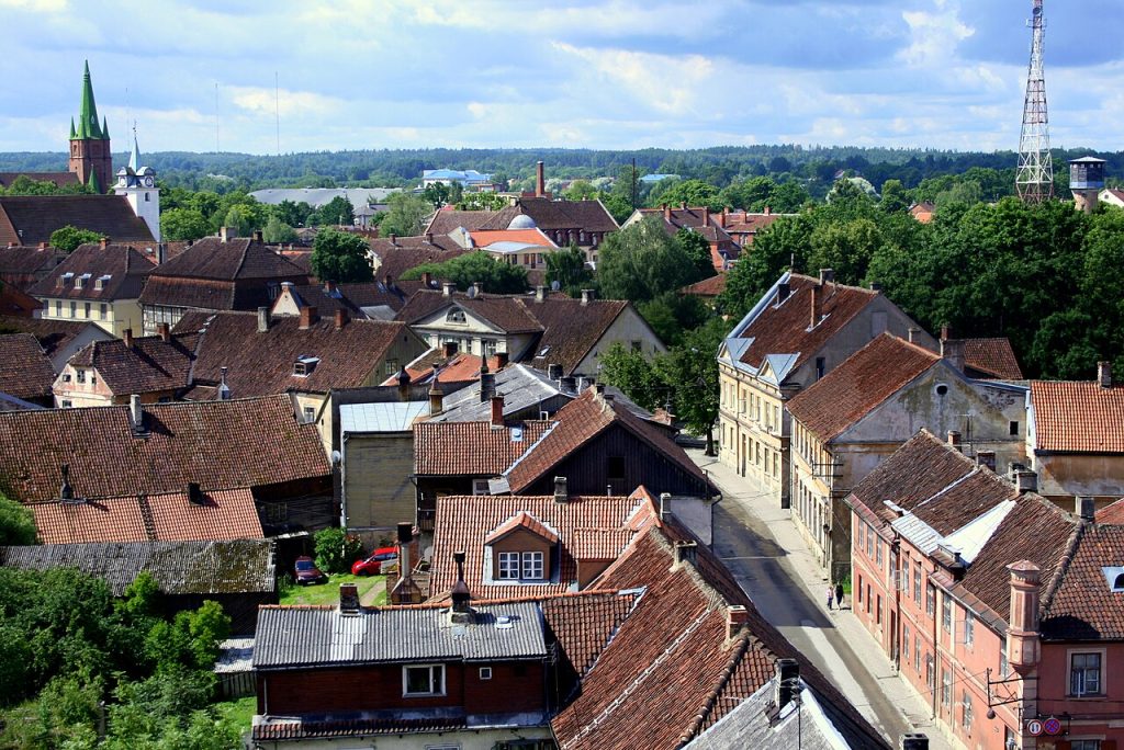 View over the red rooftops of Kuldīga from the church tower