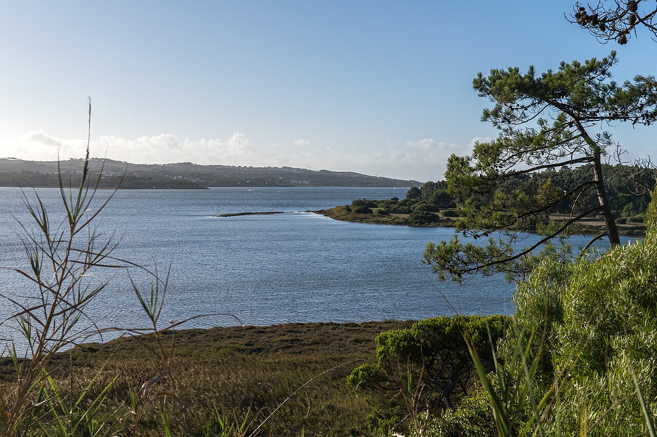 Calm water of the Lagoa de Óbidos lagoon on the Atlantic coast