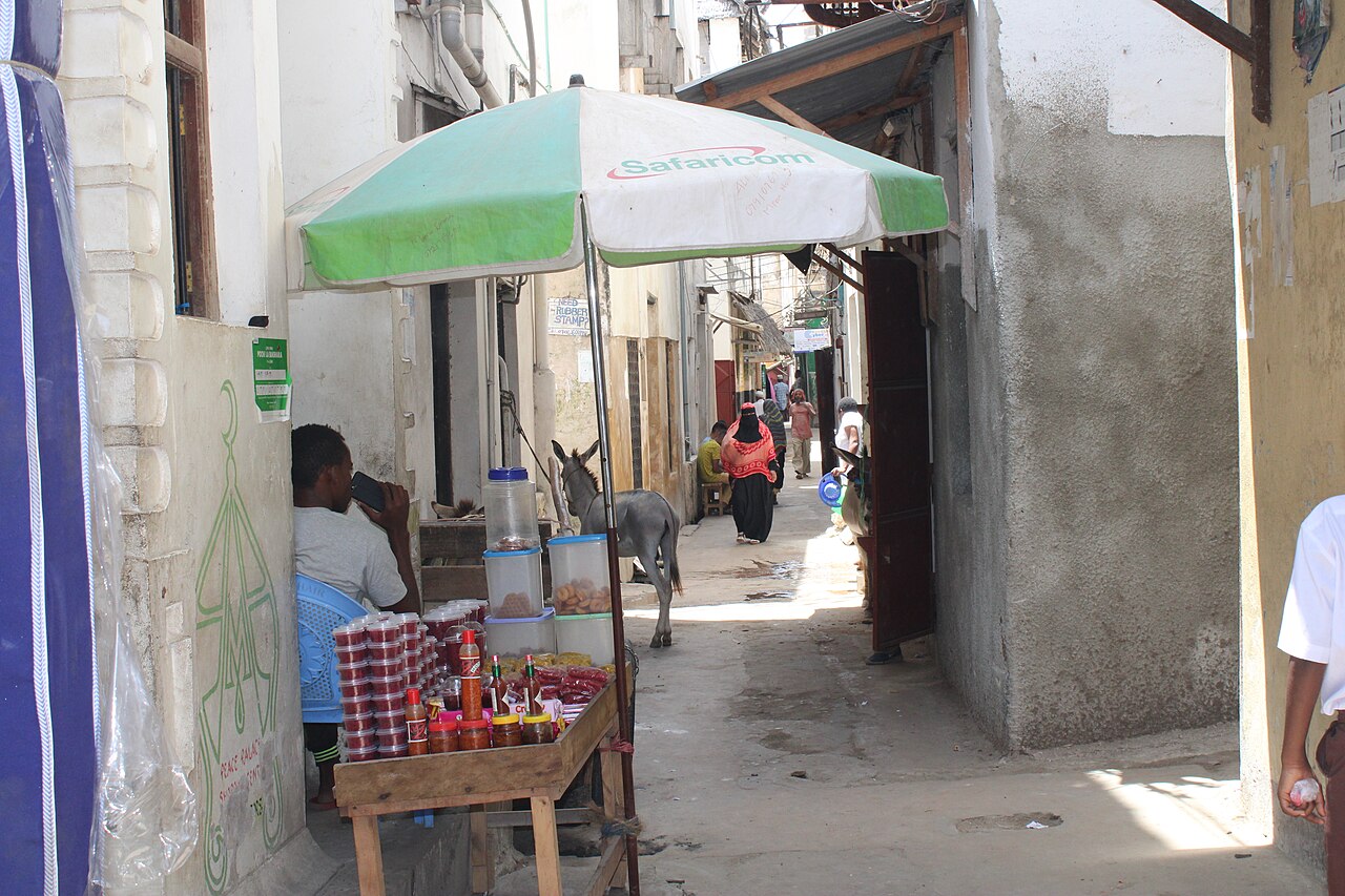 Narrow stone street in Lamu Old Town lined with shops and Swahili houses