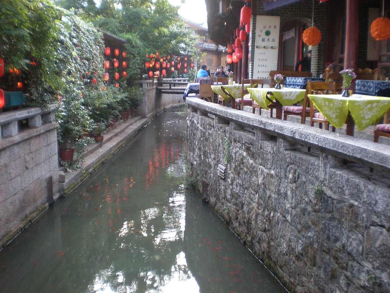 Narrow stream canal running beside houses and willow trees