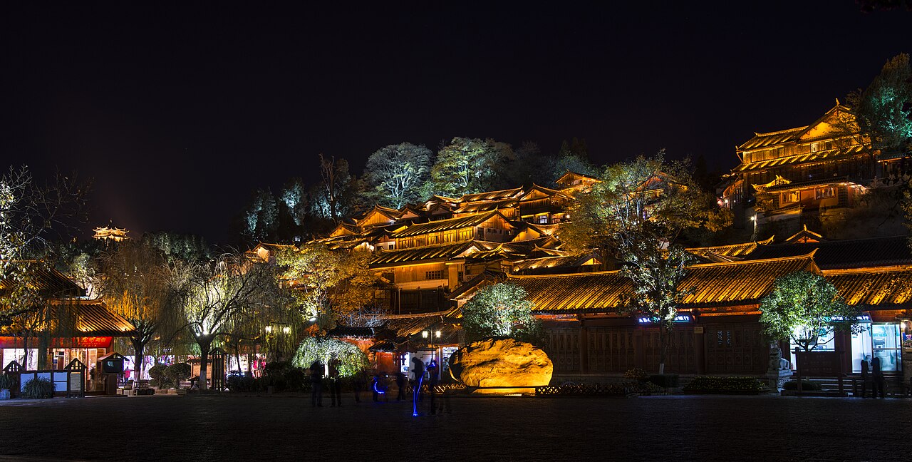 Old town lanes lit up with red lanterns at night
