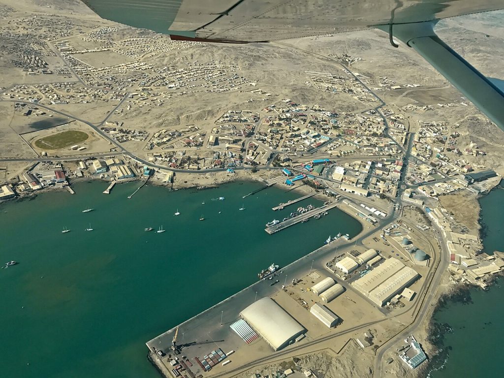 Aerial view of Lüderitz harbor beside the desert