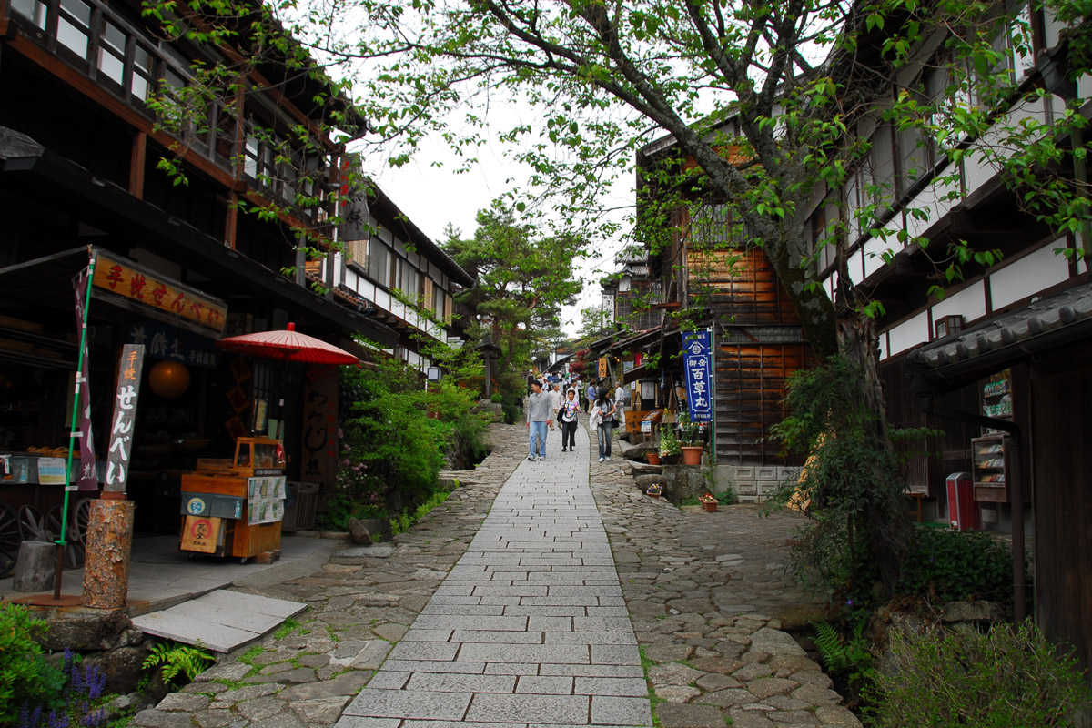 Stone-paved slope lined with shops