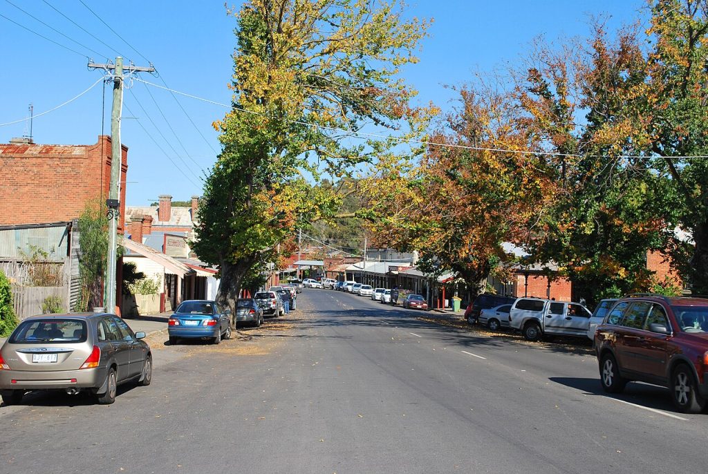 Autumn trees along a street of historic buildings in Maldon Victoria