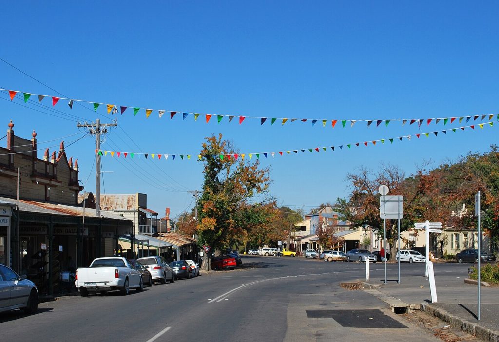 Maldon Victoria main street with bunting and historic shopfronts