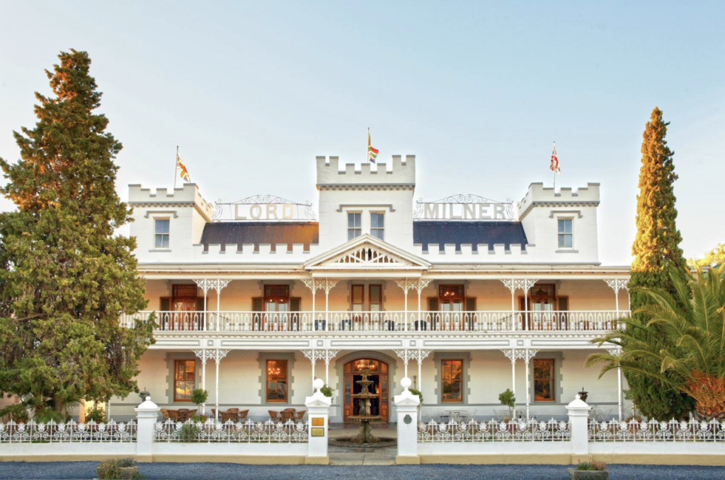 Matjiesfontein Lord Milner Hotel with its white Victorian facade and turrets