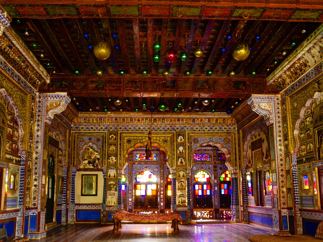 Mirrored walls and ceiling of the Sheesh Mahal in Mehrangarh Fort