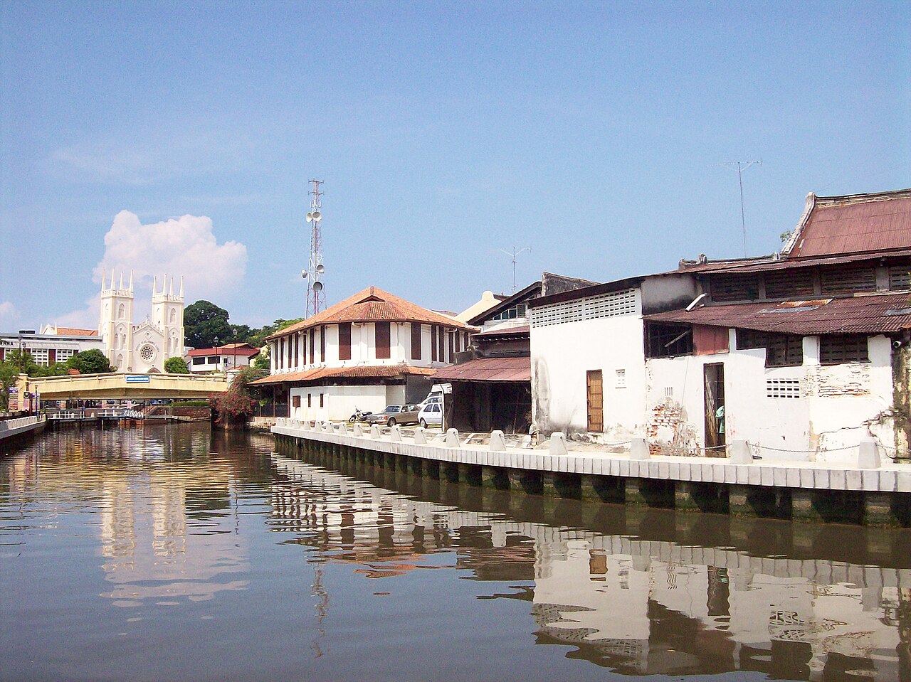 Colorful riverside buildings along the Melaka River