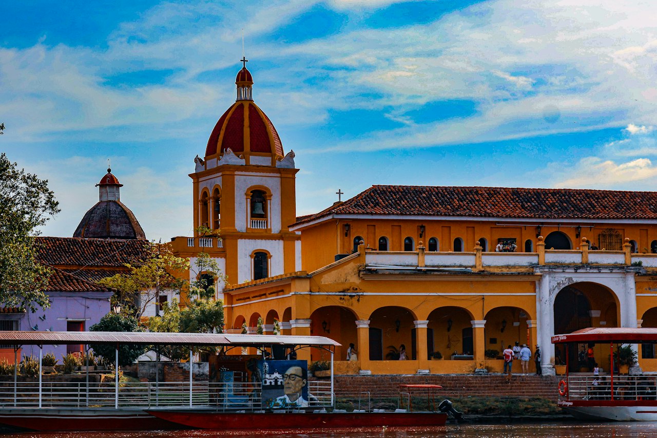 Mompox Colombia colorful colonial buildings on a sunny day