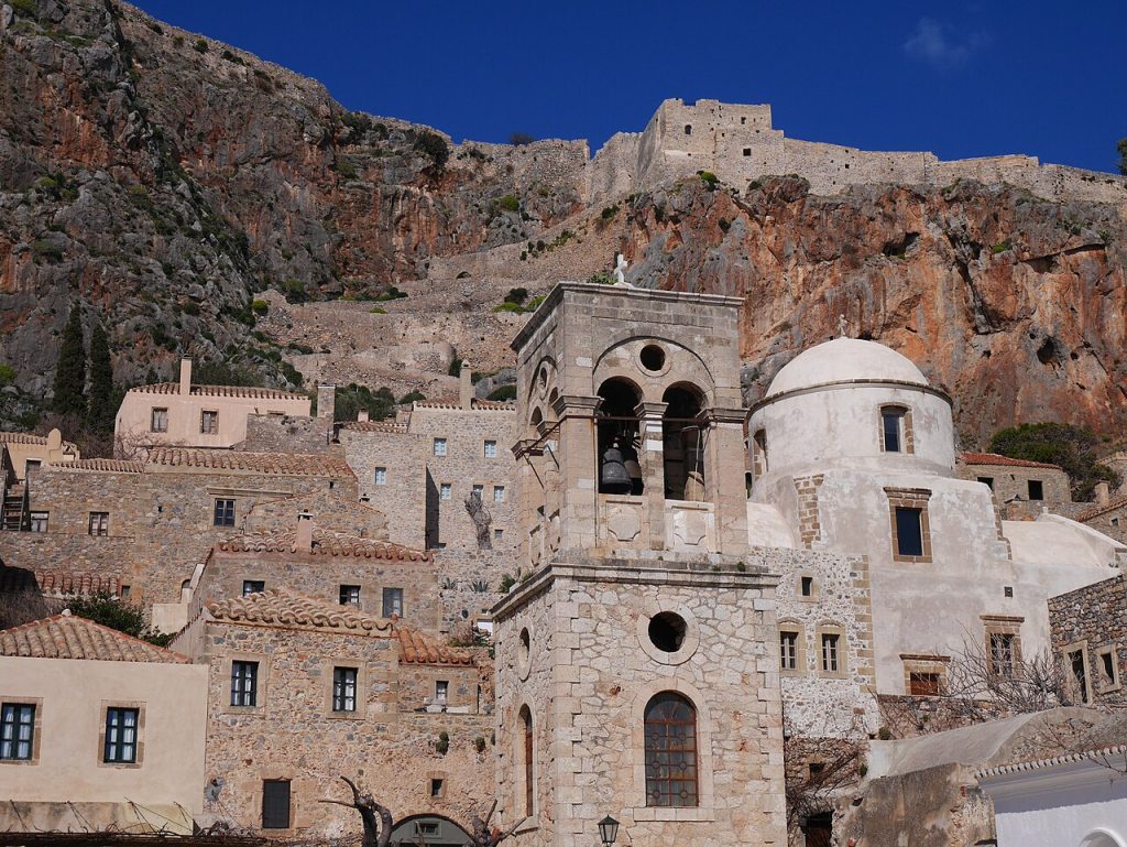 Monemvasia Greece church bell tower among stone houses