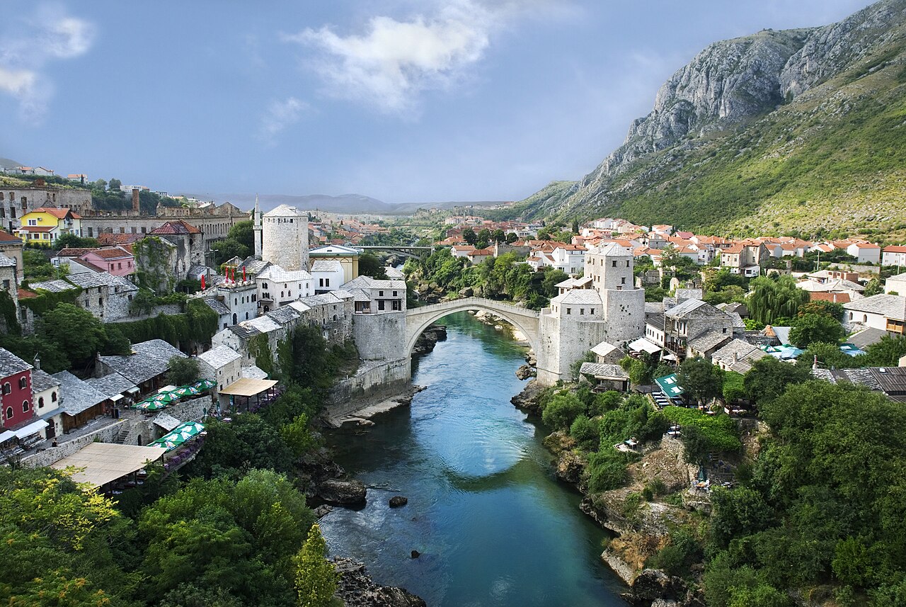 Stari Most bridge arching over the Neretva River in Mostar Bosnia