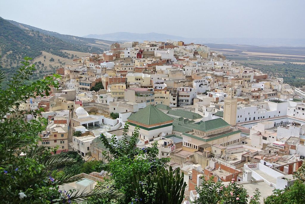Moulay Idriss Morocco town with the green-roofed mausoleum complex at its center