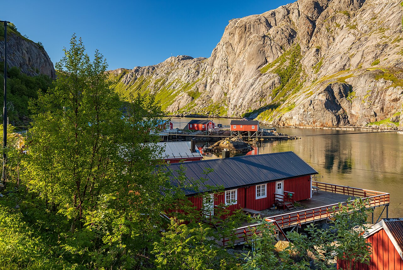 Wooden buildings around the harbor of Nusfjord fishing village