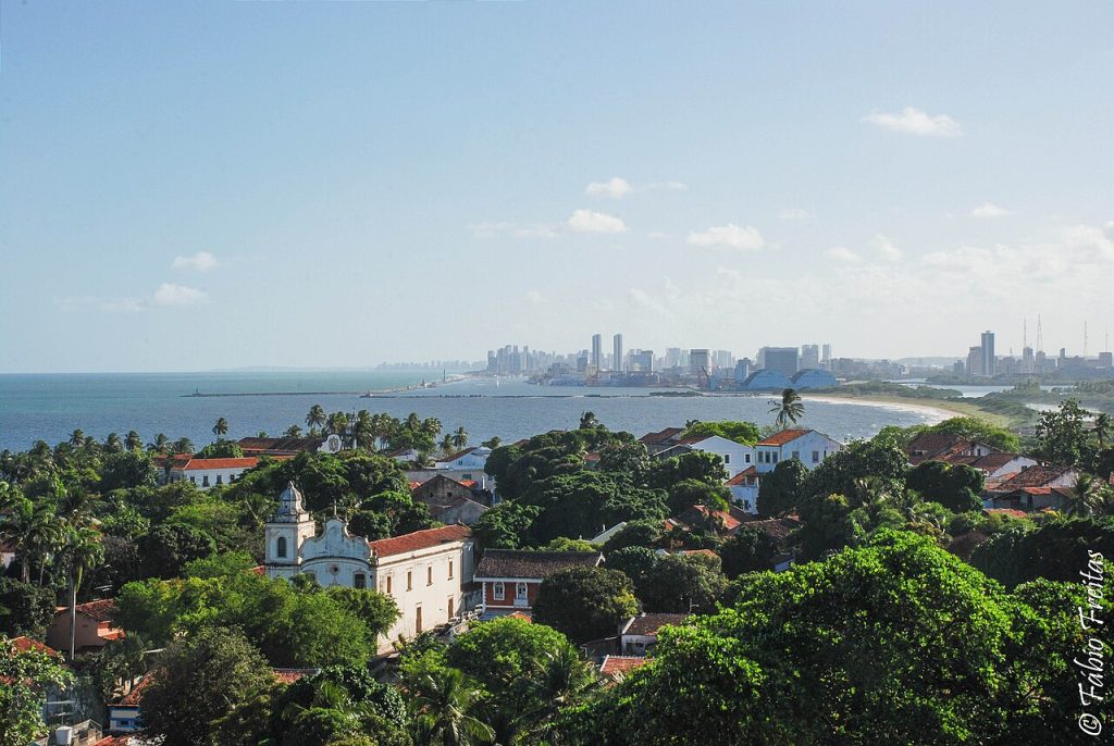 Olinda seen from Alto da Sé with palm trees and the Atlantic coast