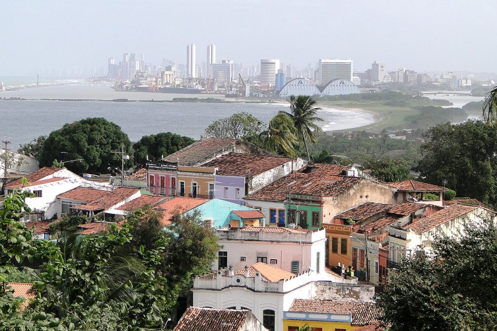 Olinda Brazil colonial rooftops with the Recife skyline across the bay