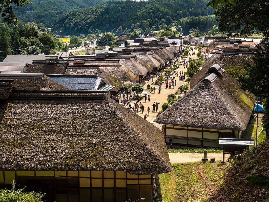 Ouchi-juku Japan thatched roofs seen from the hillside viewpoint