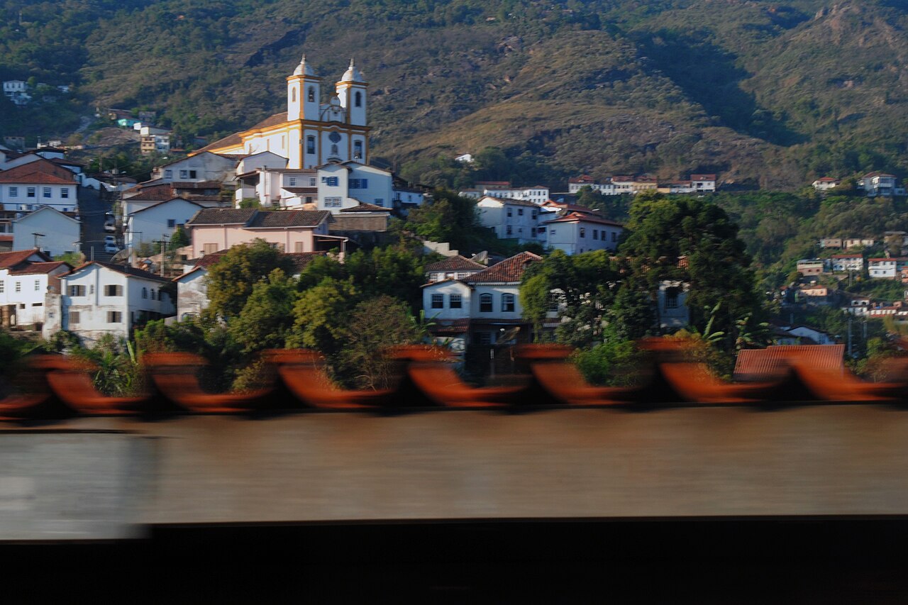 Colonial houses and church towers on the hills of Ouro Preto Brazil