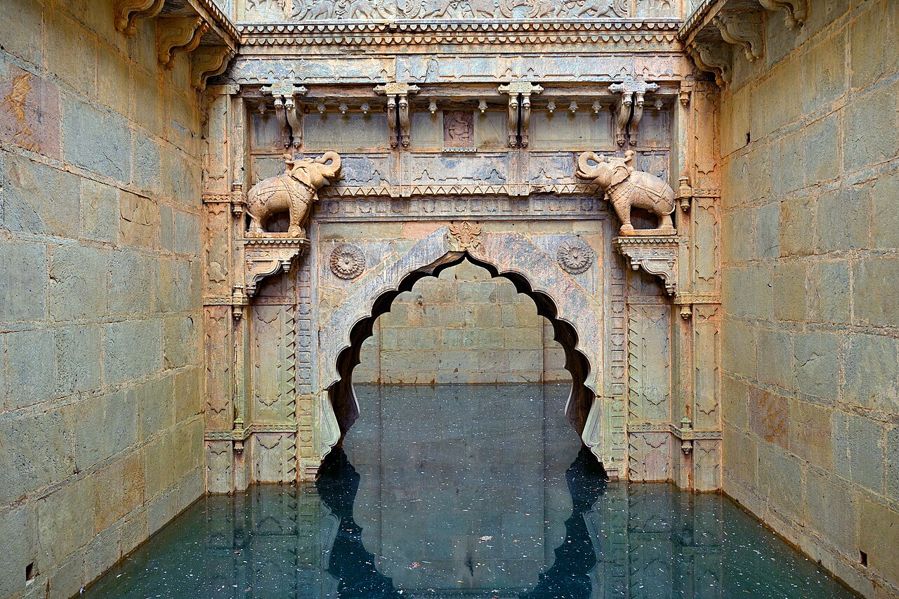Carved stepwell with deep stone steps