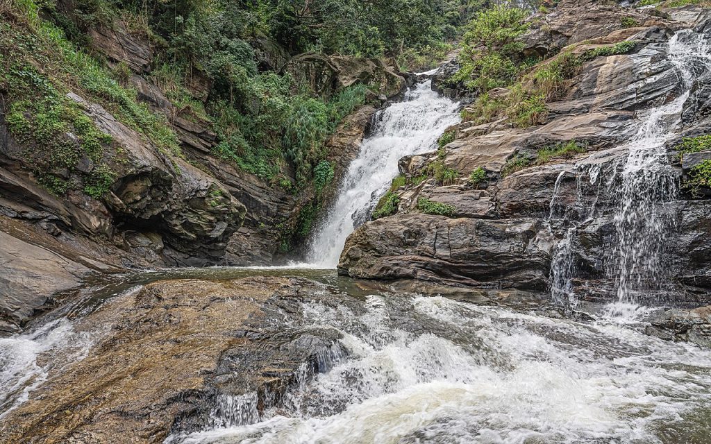 Water tumbling over rock ledges at Ravana Falls