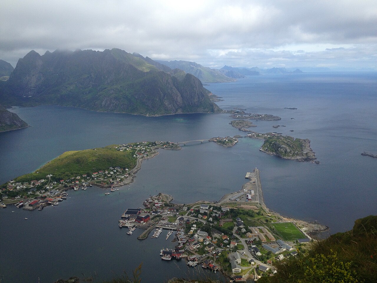 View of Reine Lofoten and the fjord from the top of Reinebringen